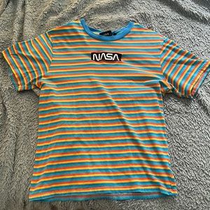 NASA orange yellow blue striped shirt